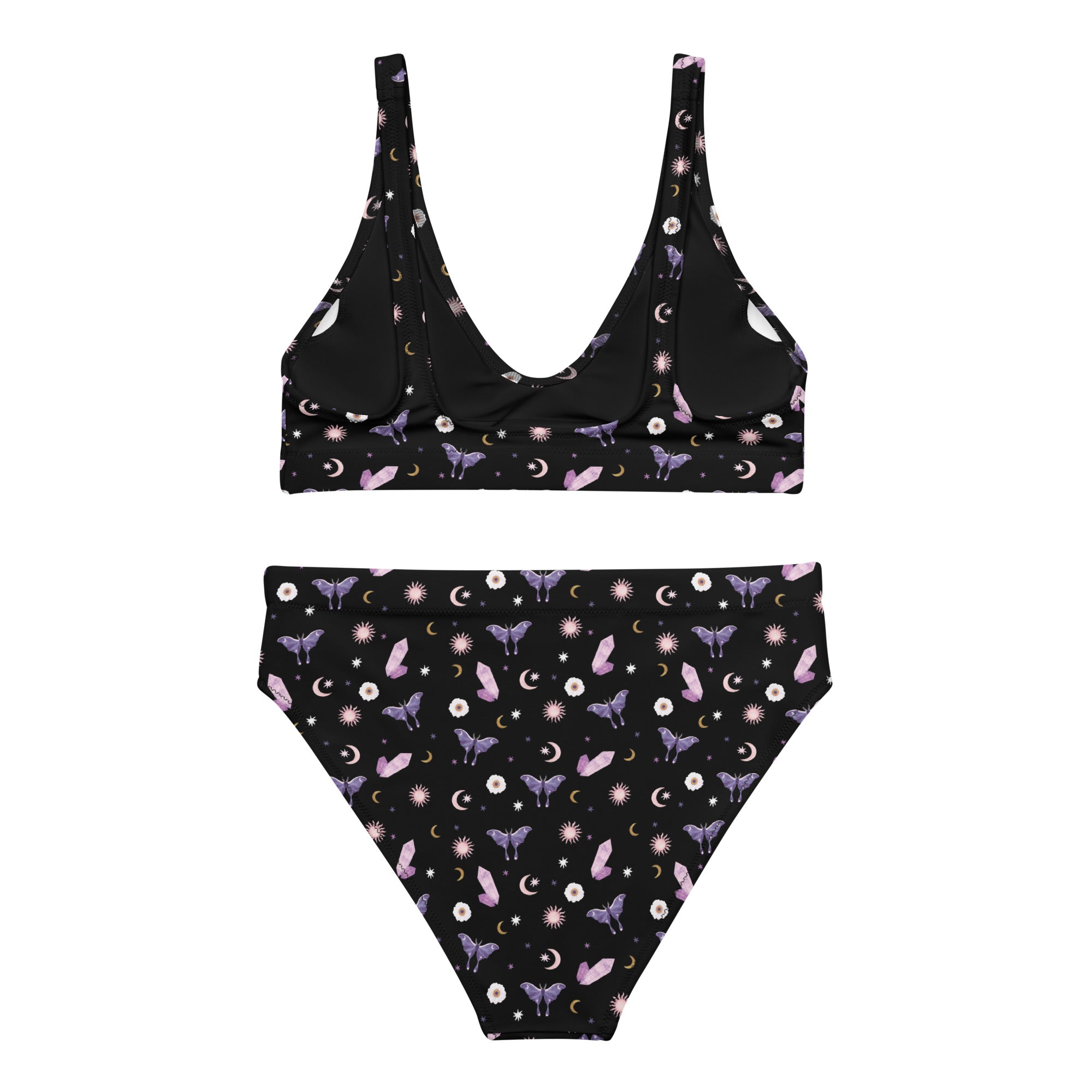 Crystal Moon Moth 2-Piece Swimsuit featuring a stylish design with intricate patterns, made from recycled polyester and offering UPF 50+ protection.