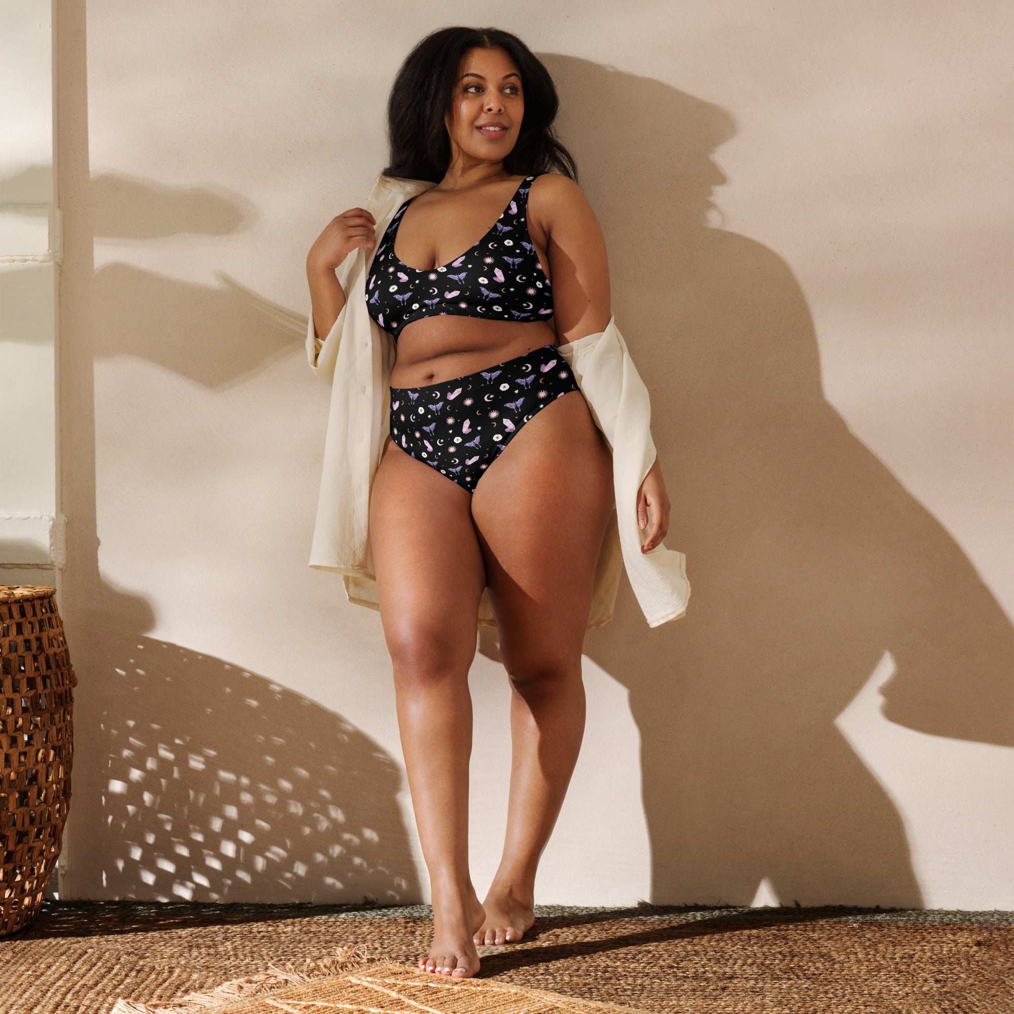 Crystal Moon Moth 2-Piece Swimsuit featuring a stylish design with intricate patterns, made from recycled polyester and offering UPF 50+ protection.