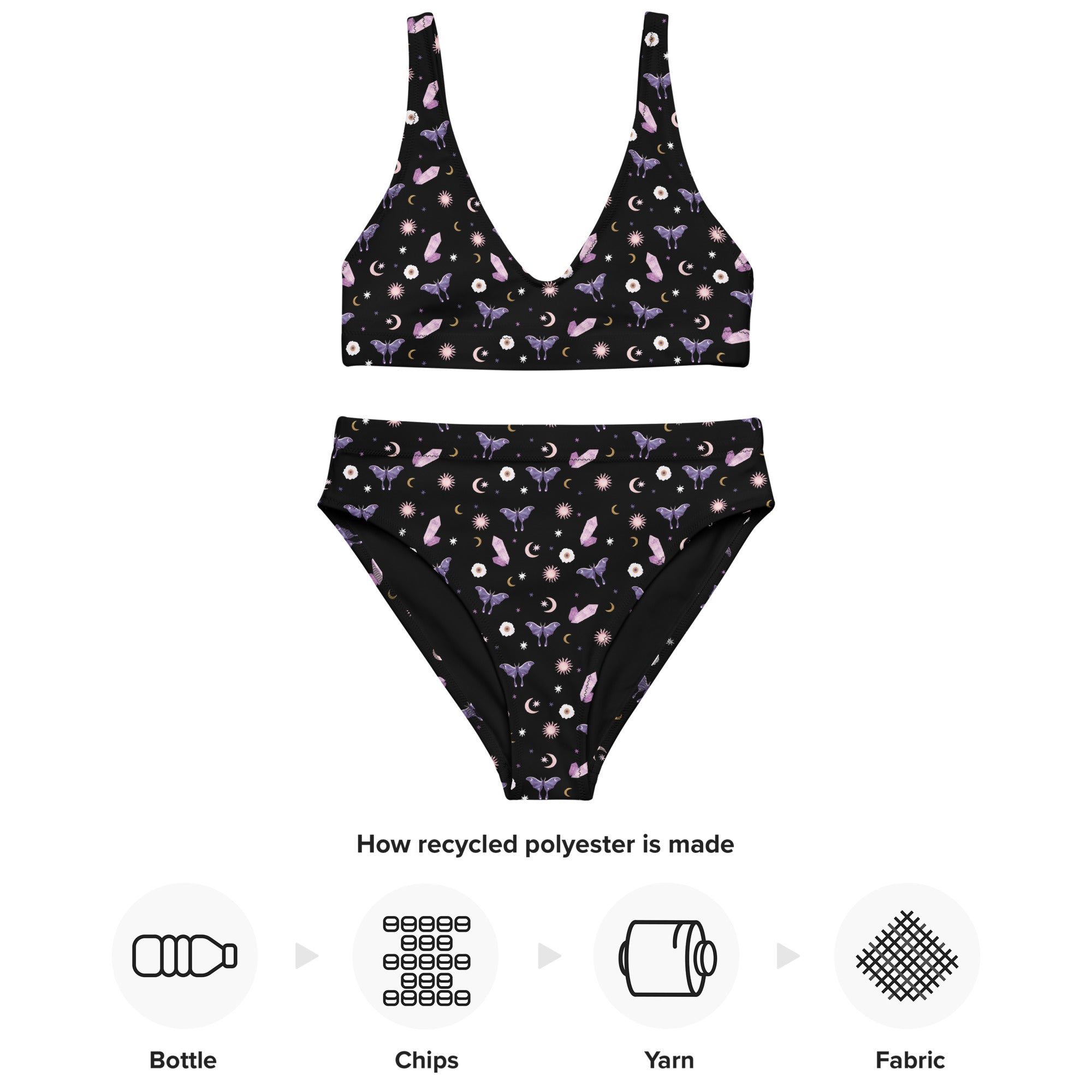 Crystal Moon Moth 2-Piece Swimsuit featuring a stylish design with intricate patterns, made from recycled polyester and offering UPF 50+ protection.