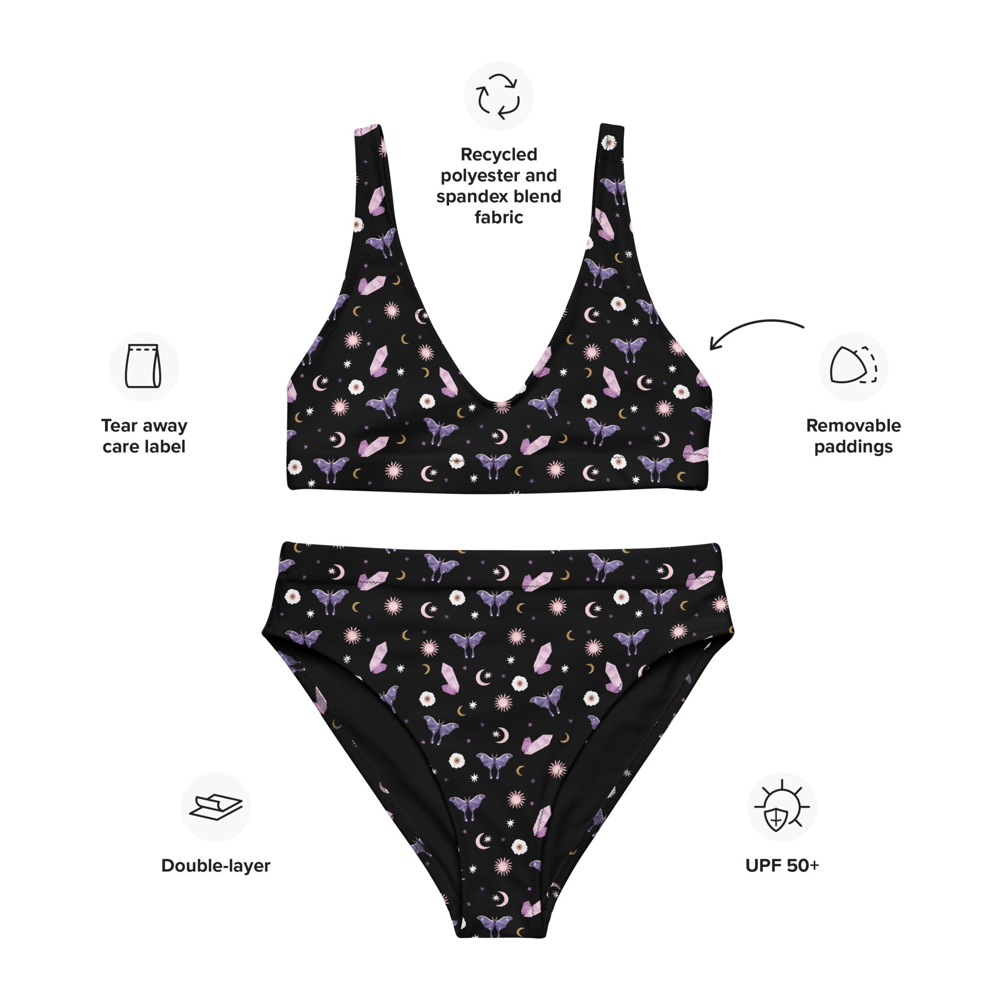 Crystal Moon Moth 2-Piece Swimsuit featuring a stylish design with intricate patterns, made from recycled polyester and offering UPF 50+ protection.