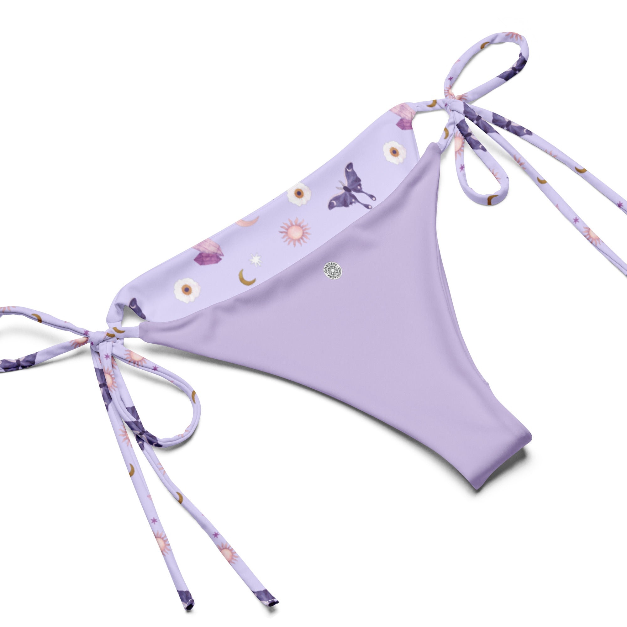 Crystal Moon Moth String Bikini featuring zodiac symbols, soft fabric, and adjustable straps, perfect for beachwear.