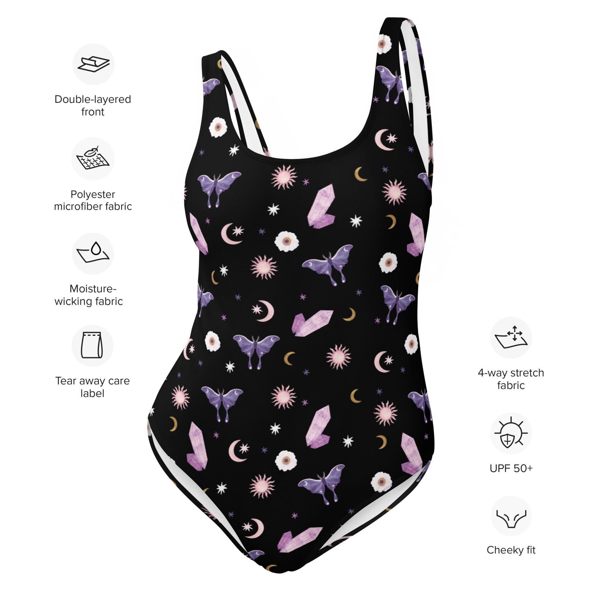 Crystal Moon Moth Swimsuit featuring a scoop neckline and cheeky fit, made from chlorine-resistant fabric.