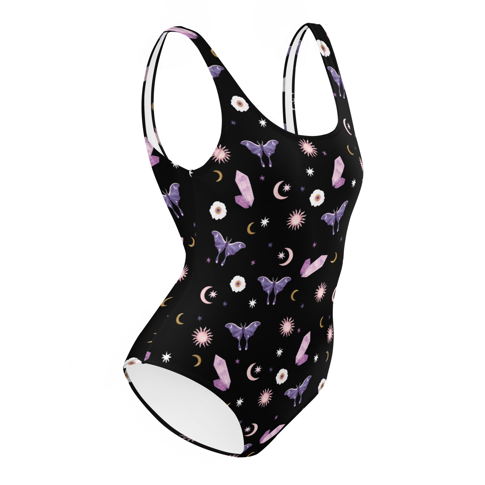 Crystal Moon Moth Swimsuit featuring a scoop neckline and cheeky fit, made from chlorine-resistant fabric.