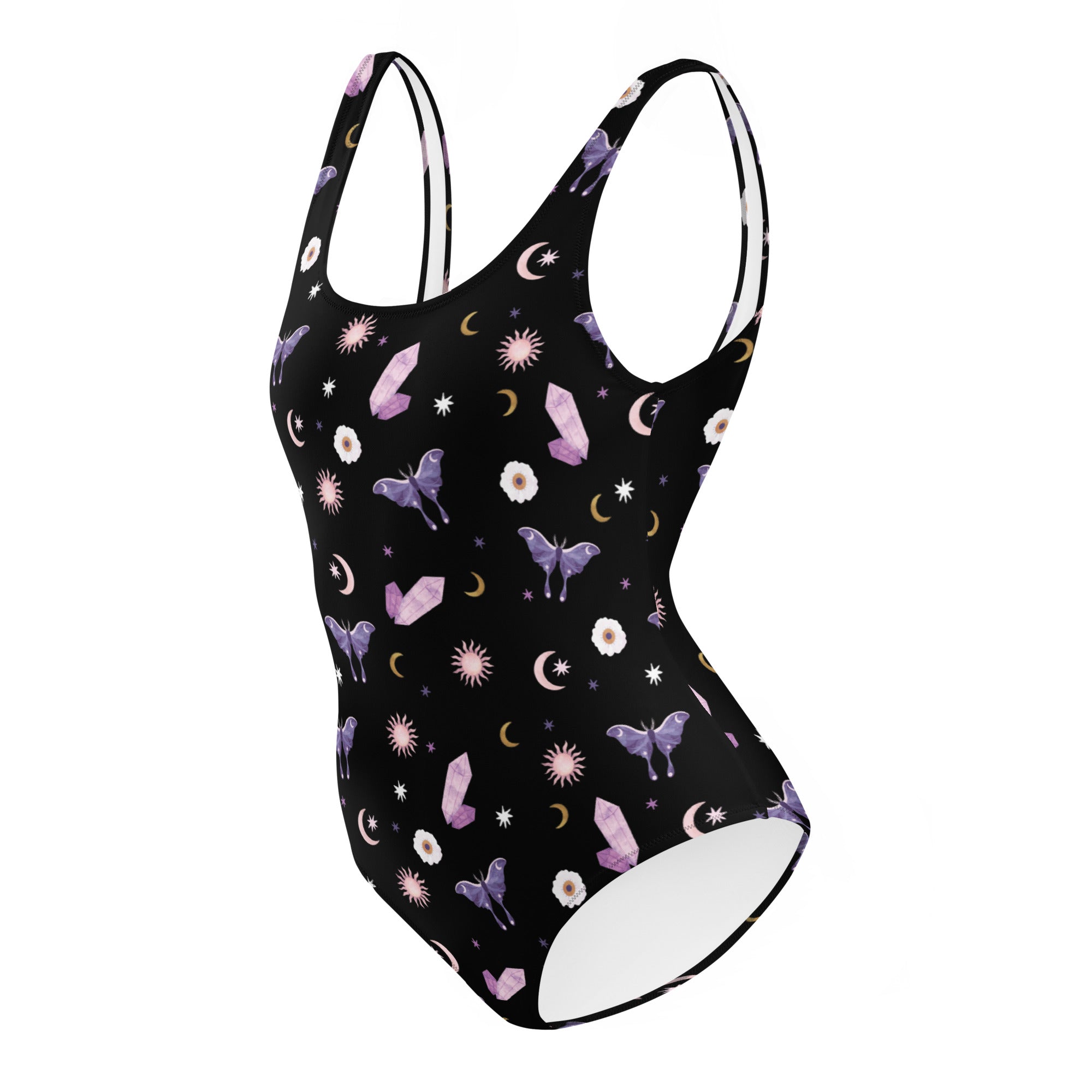 Crystal Moon Moth Swimsuit featuring a scoop neckline and cheeky fit, made from chlorine-resistant fabric.