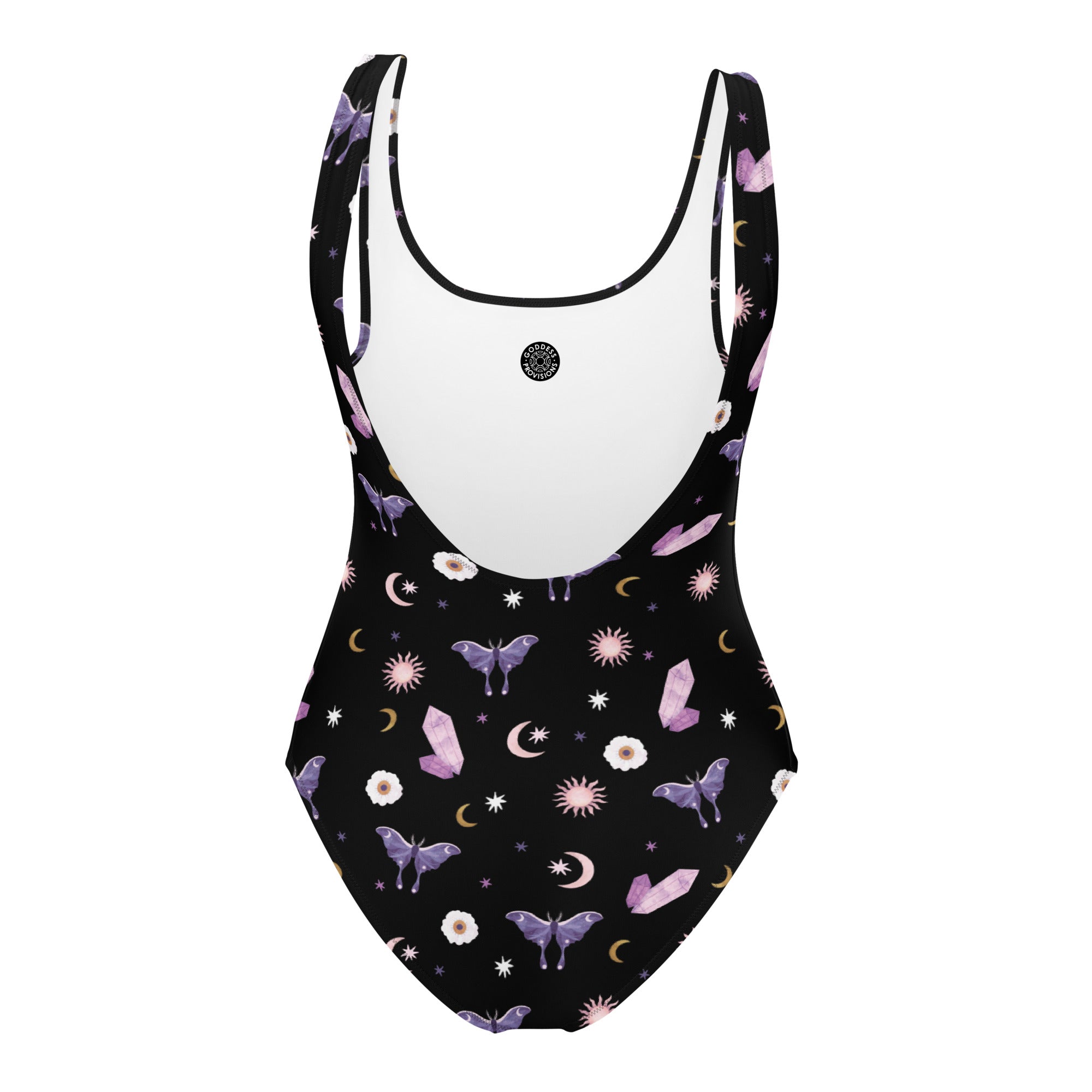 Crystal Moon Moth Swimsuit featuring a scoop neckline and cheeky fit, made from chlorine-resistant fabric.