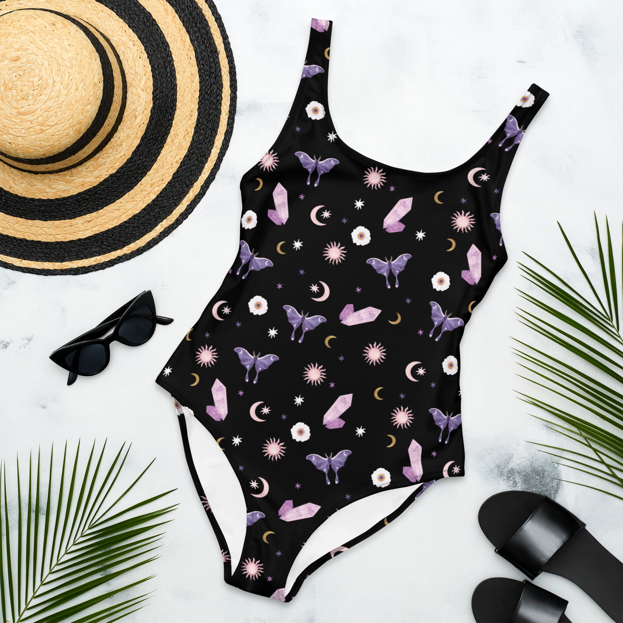 Crystal Moon Moth Swimsuit featuring a scoop neckline and cheeky fit, made from chlorine-resistant fabric.