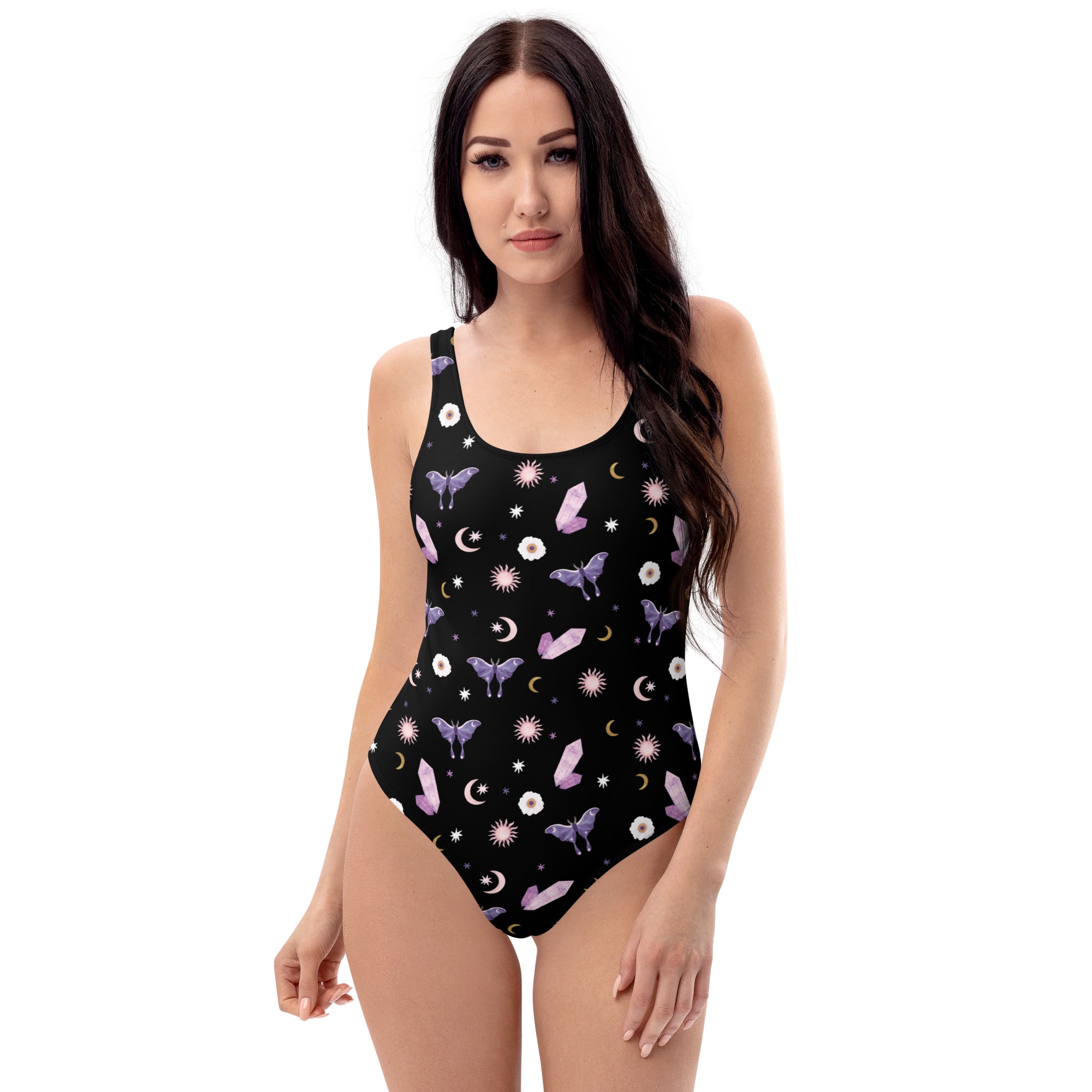 Crystal Moon Moth Swimsuit featuring a scoop neckline and cheeky fit, made from chlorine-resistant fabric.