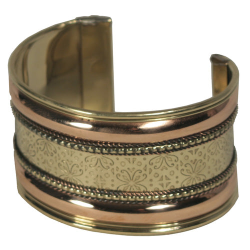 Handmade Copper & Brass Cuff showcasing unique two-toned design, crafted by artisans in India.