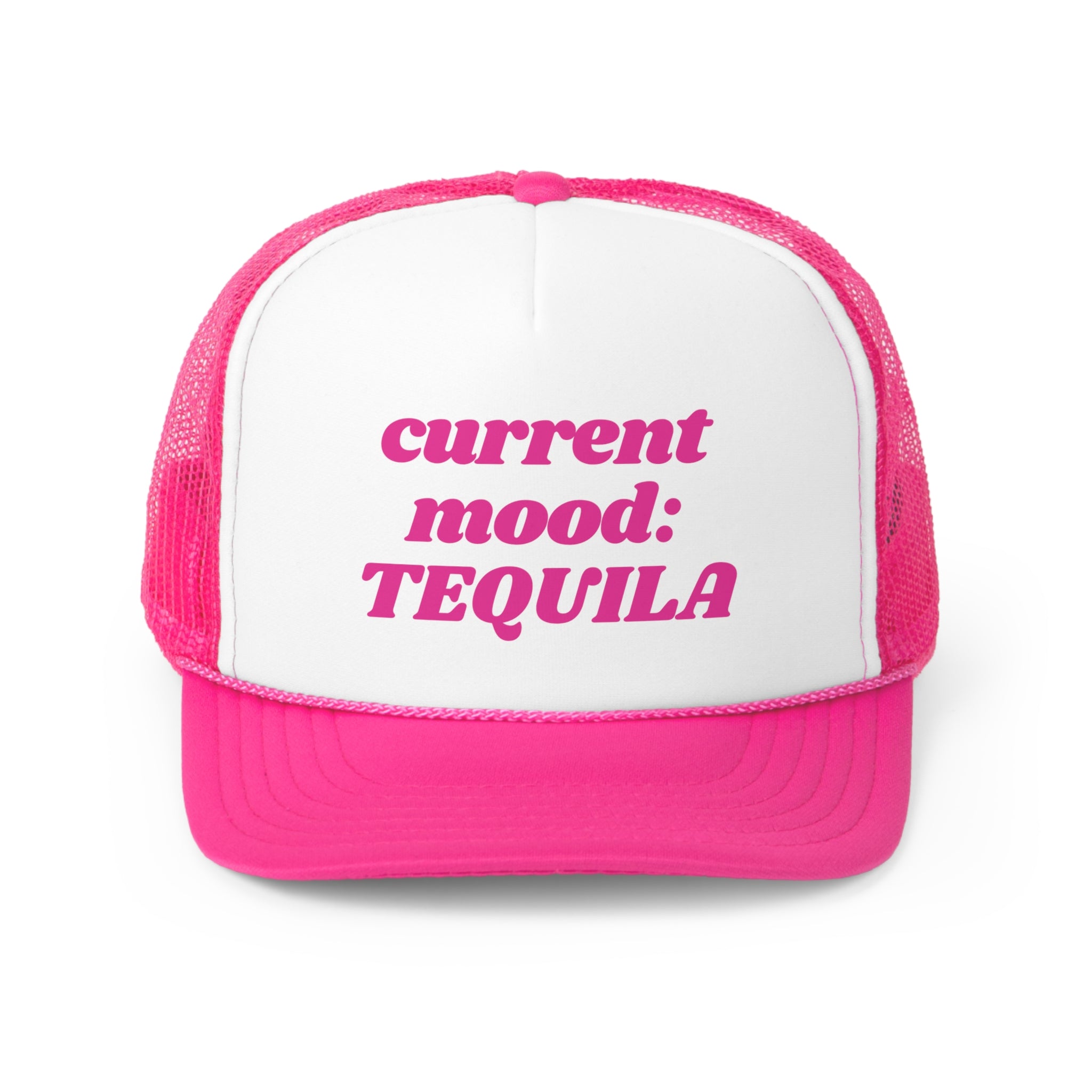 Current Mood Tequila Funny Trucker Hat featuring a humorous design with adjustable snap closure and breathable mesh back.