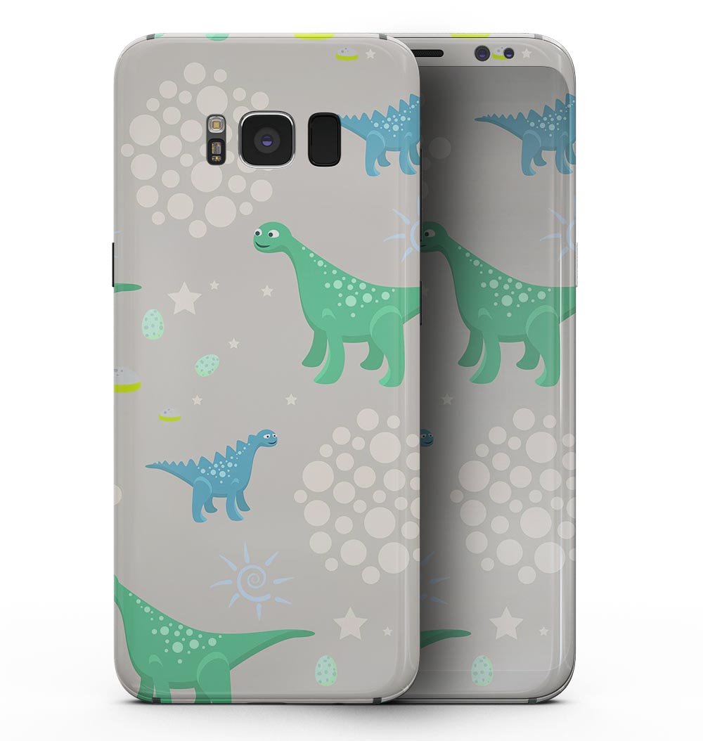 Curious Green and Blue Dinosaurs full-body skin for Samsung Galaxy S8, showcasing vibrant colors and unique design.