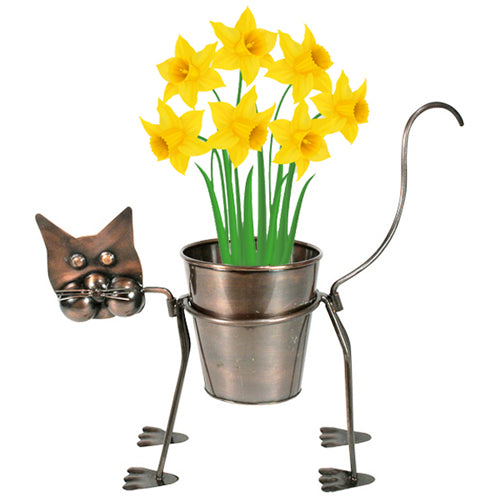 Curious Metal Cat Planter showcasing a whimsical cat design, perfect for holding plants indoors or outdoors.