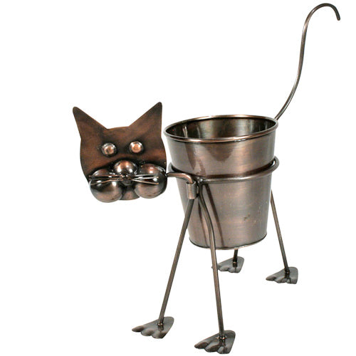 Curious Metal Cat Planter showcasing a whimsical cat design, perfect for holding plants indoors or outdoors.