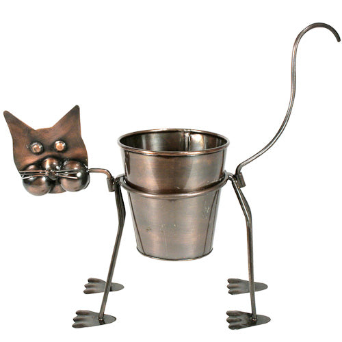 Curious Metal Cat Planter showcasing a whimsical cat design, perfect for holding plants indoors or outdoors.