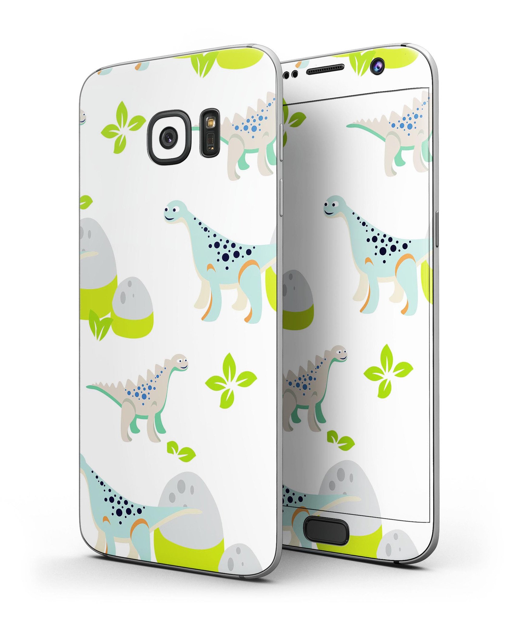 Curious Teal Dinosaur skin kit for Samsung Galaxy S7/S7 Edge, showcasing vibrant colors and full-body coverage.