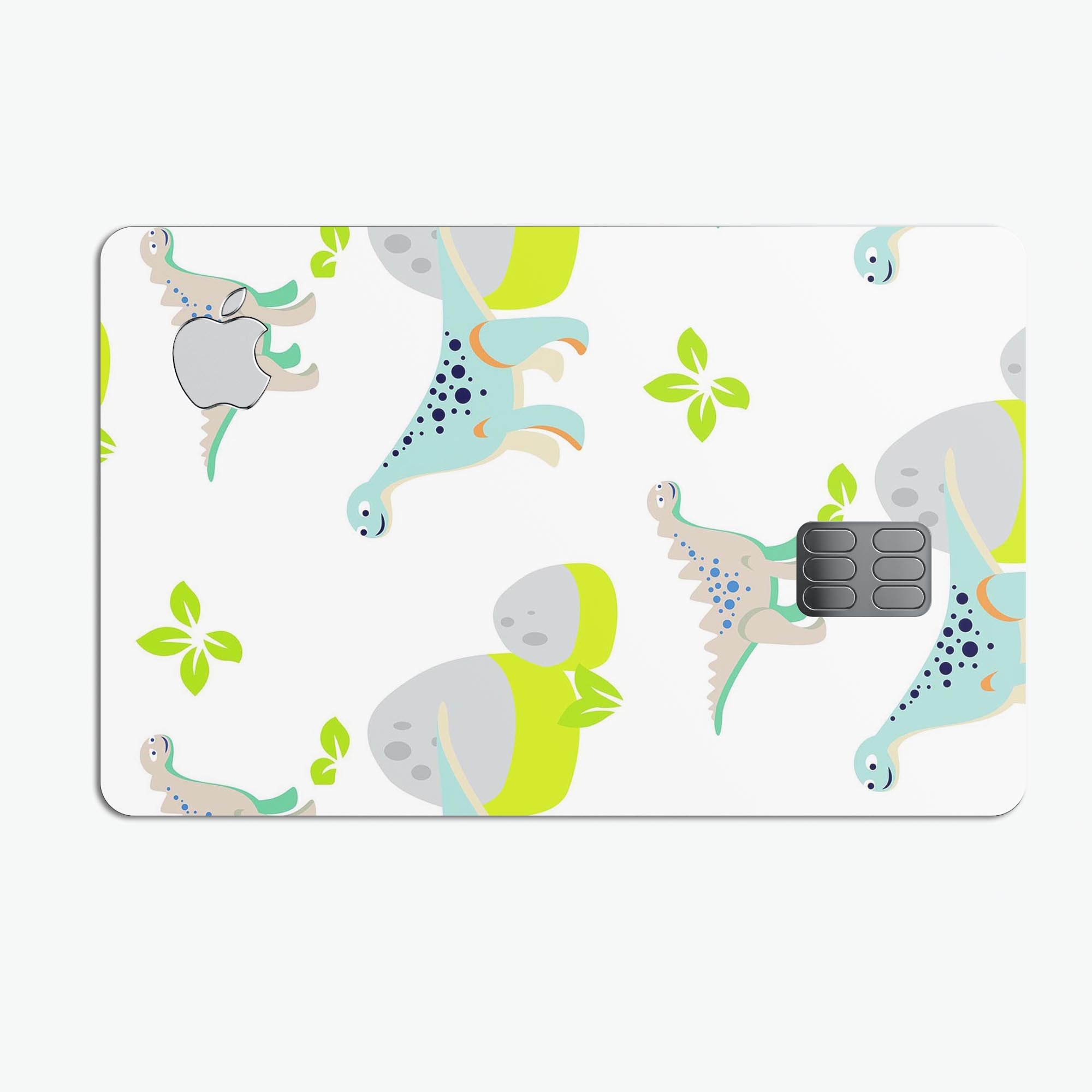 Curious Teal Dinosaur and Eggs skin kit for Apple Card, showcasing vibrant colors and premium vinyl material.