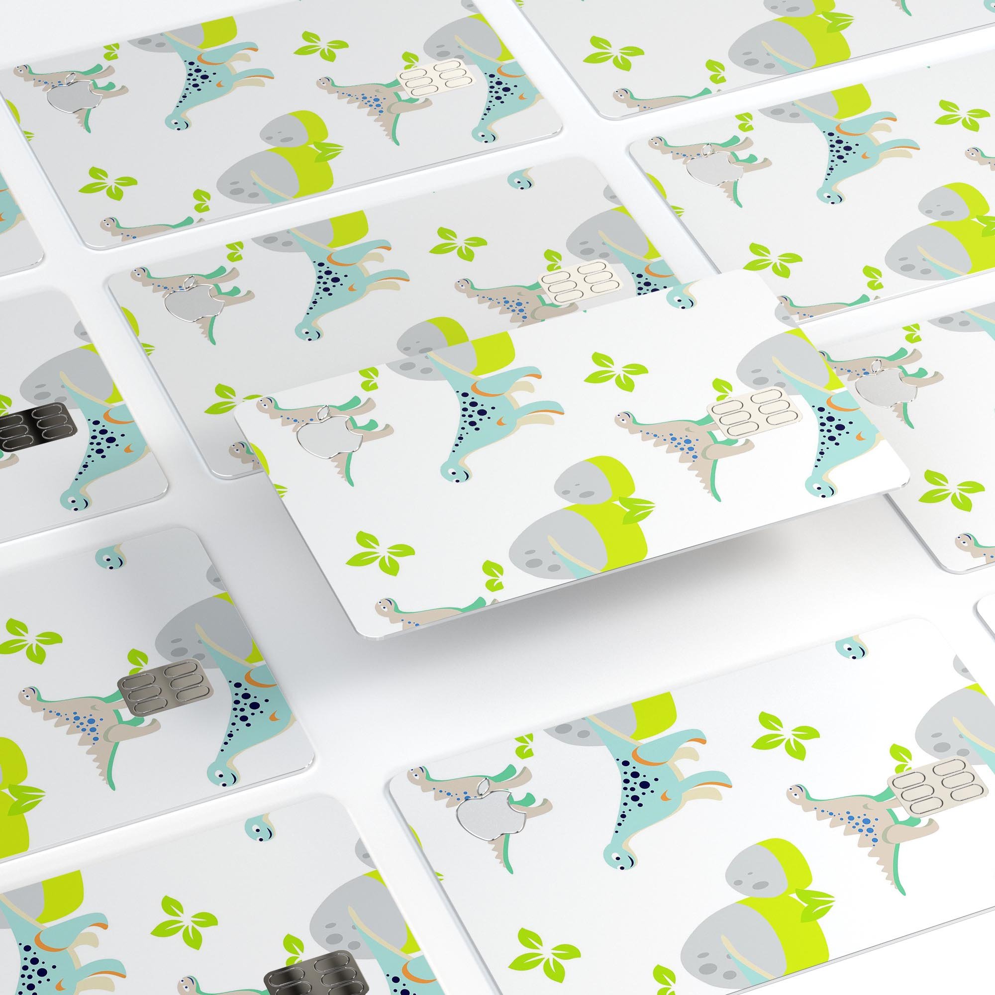 Curious Teal Dinosaur and Eggs skin kit for Apple Card, showcasing vibrant colors and premium vinyl material.