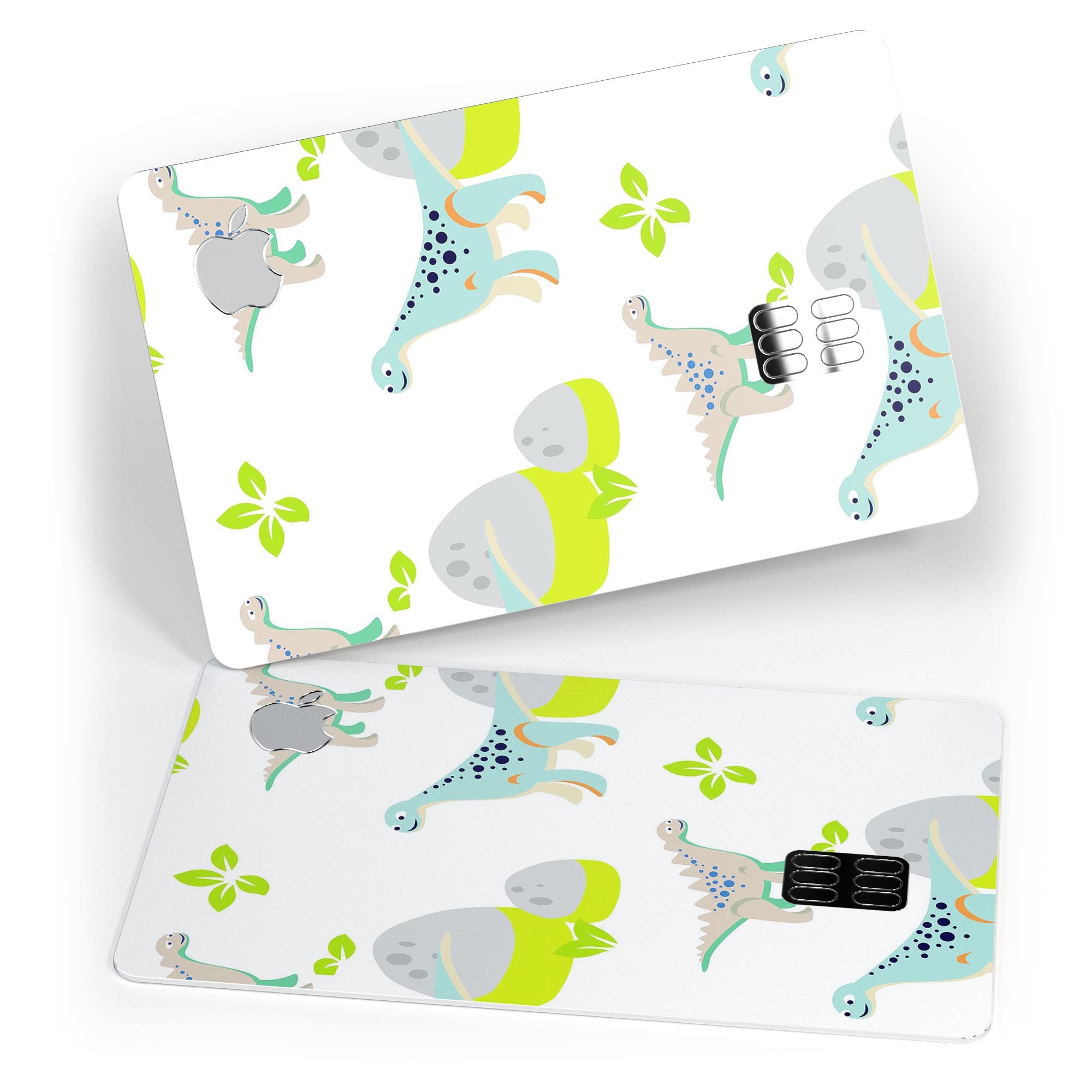 Curious Teal Dinosaur and Eggs skin kit for Apple Card, showcasing vibrant colors and premium vinyl material.