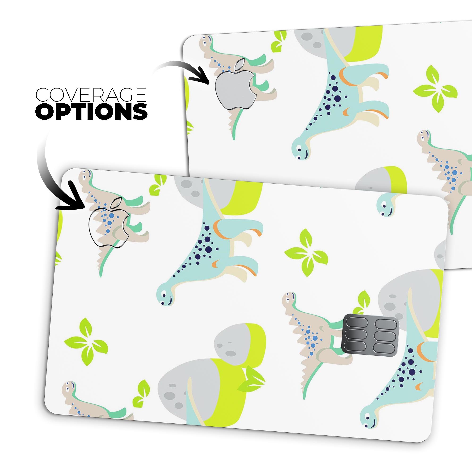 Curious Teal Dinosaur and Eggs skin kit for Apple Card, showcasing vibrant colors and premium vinyl material.