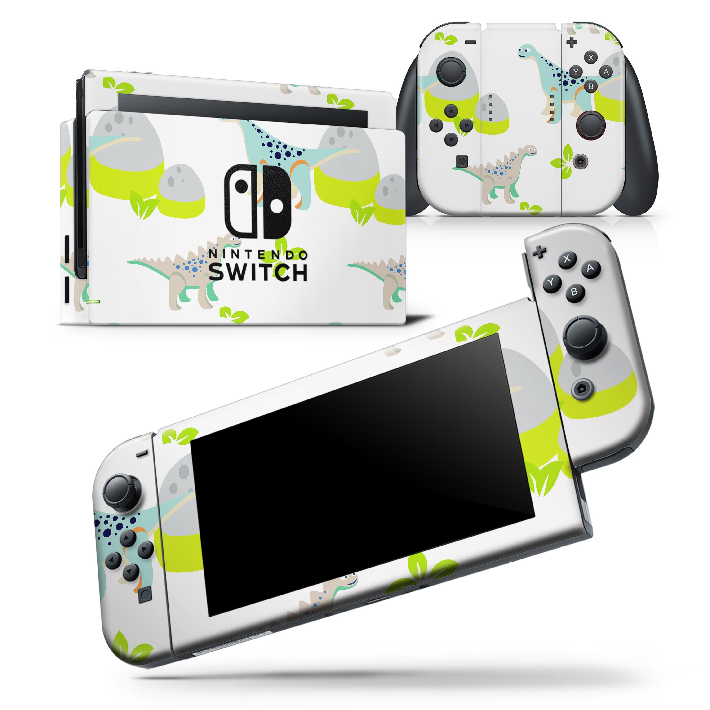 Curious Teal Dinosaur skin wrap decal for Nintendo Switch, featuring vibrant colors and playful design, perfectly fitting the console and controllers.