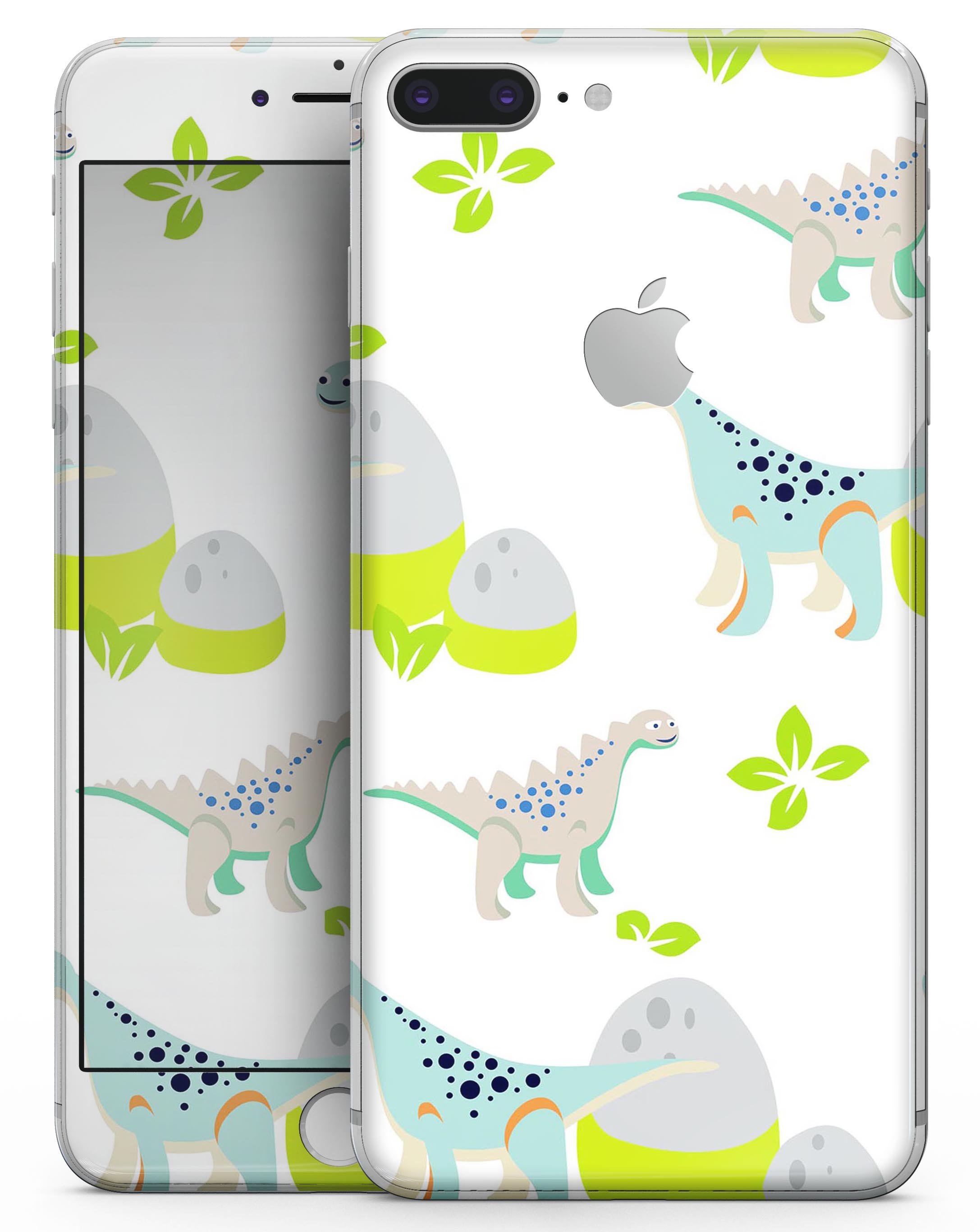 Curious Teal Dinosaur and Eggs Skin-Kit for iPhone 8 and 8 Plus, showcasing vibrant colors and unique design.