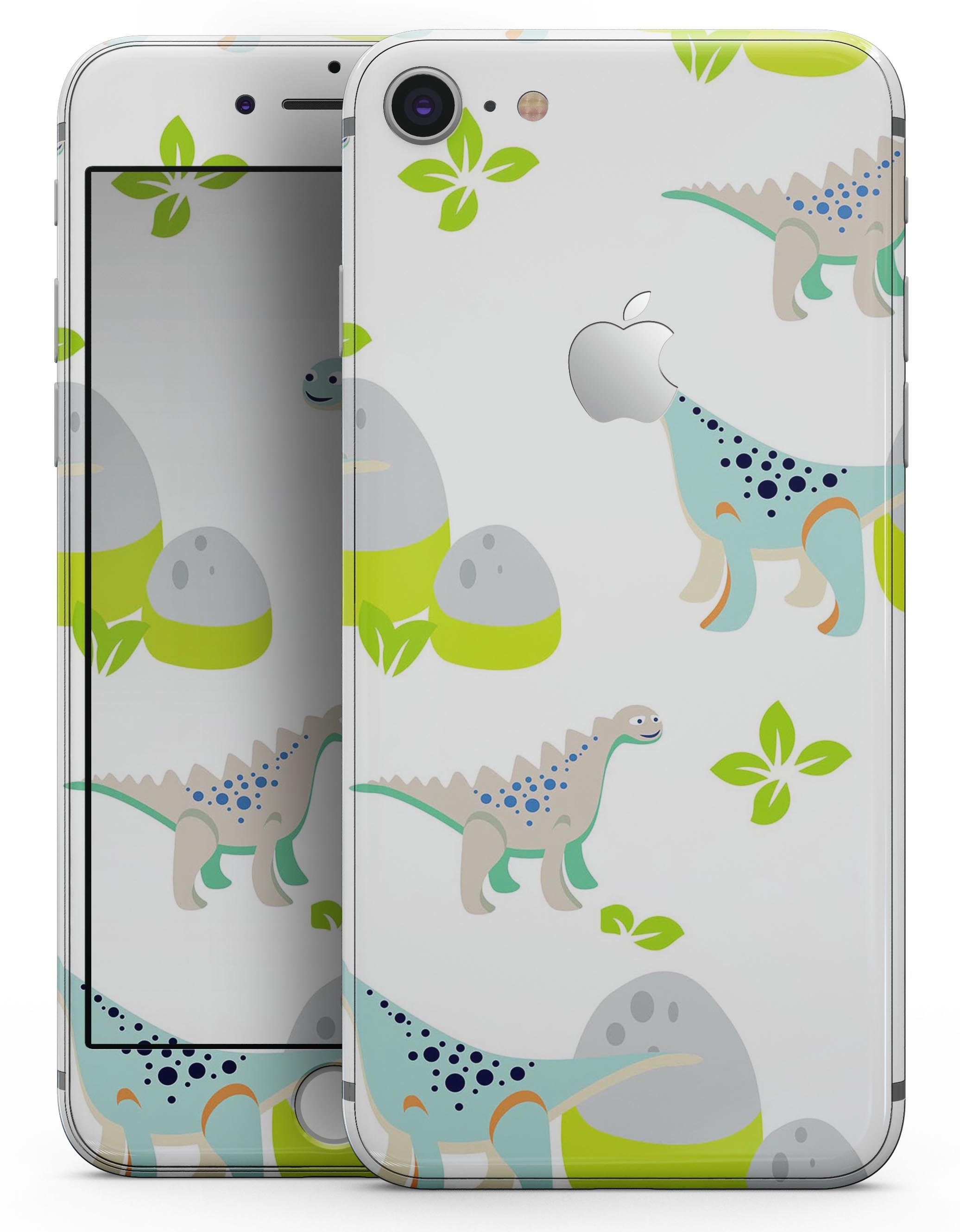 Curious Teal Dinosaur and Eggs Skin-Kit for iPhone 8 and 8 Plus, showcasing vibrant colors and unique design.