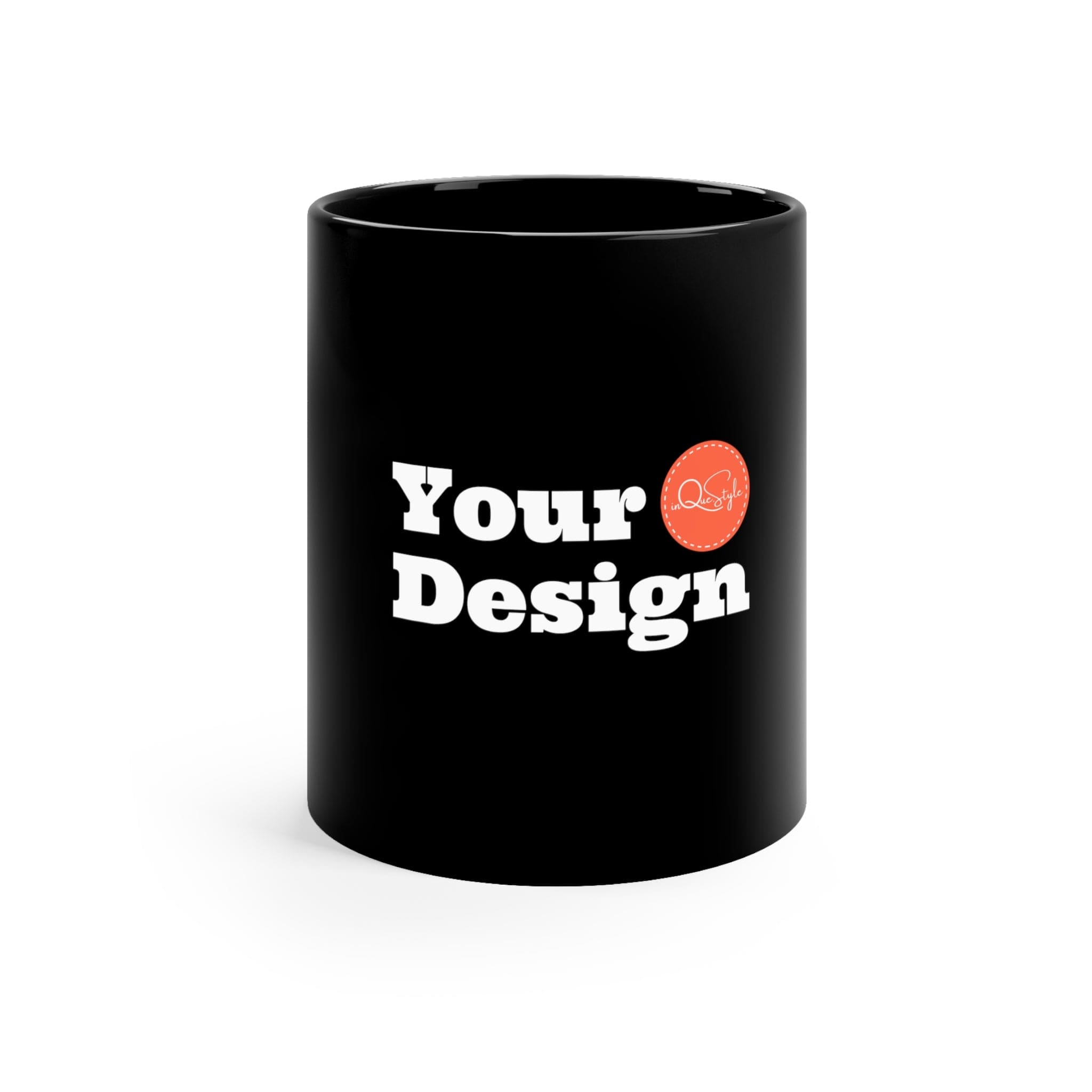 Custom Black Mug 11oz with glossy finish, featuring a C-shaped handle, perfect for personalization with designs or logos.