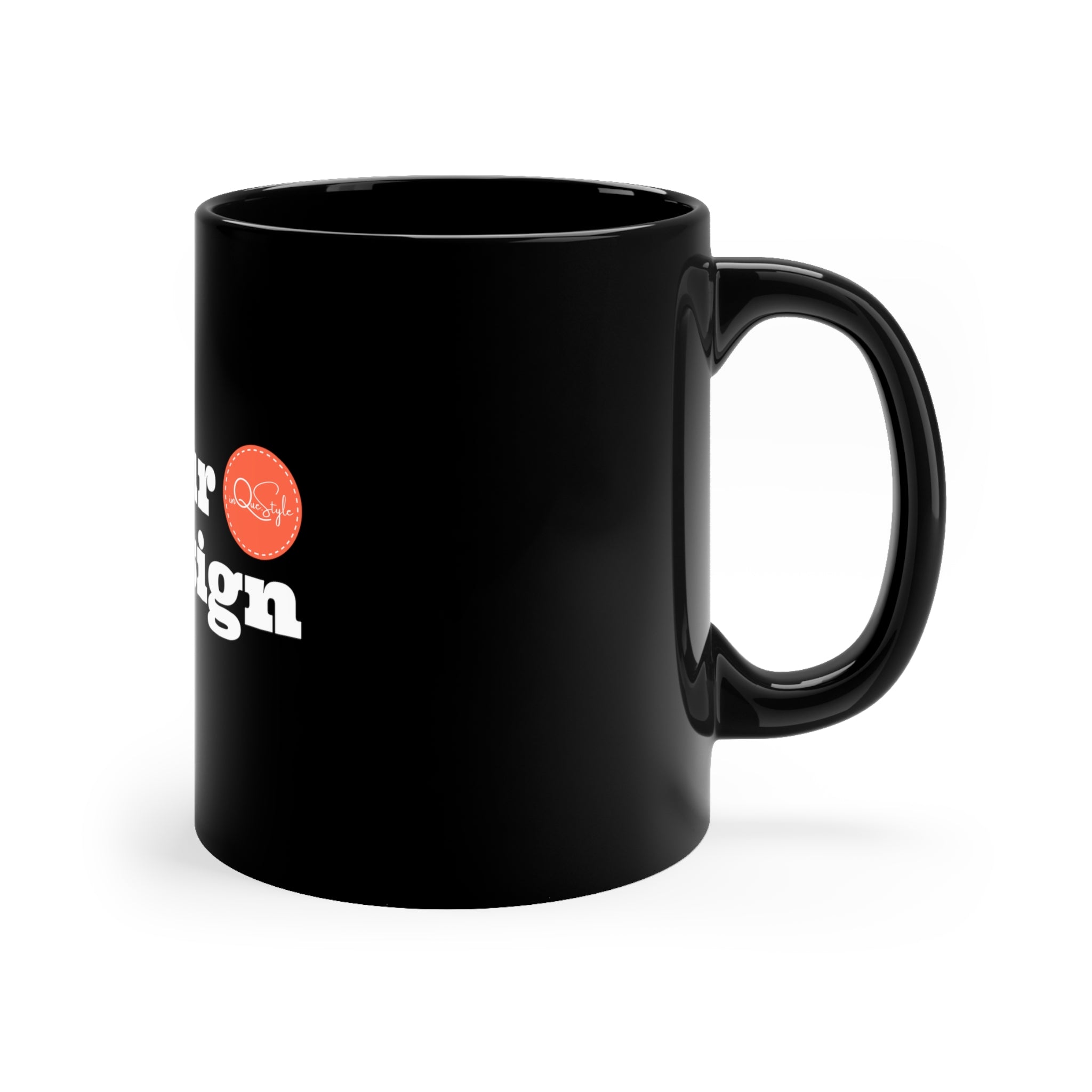 Custom Black Mug 11oz with glossy finish, featuring a C-shaped handle, perfect for personalization with designs or logos.