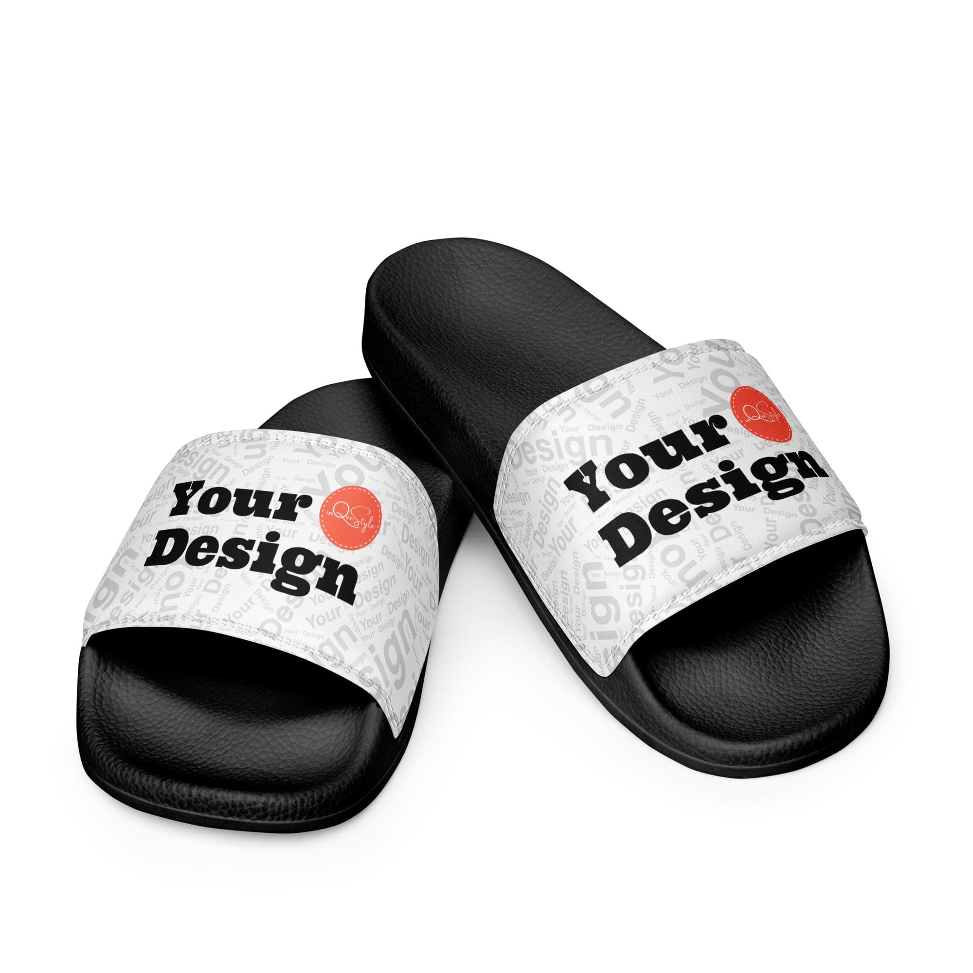 A pair of stylish Custom Womens Slides featuring a cushioned faux leather upper strap and textured footbed, perfect for summer wear.