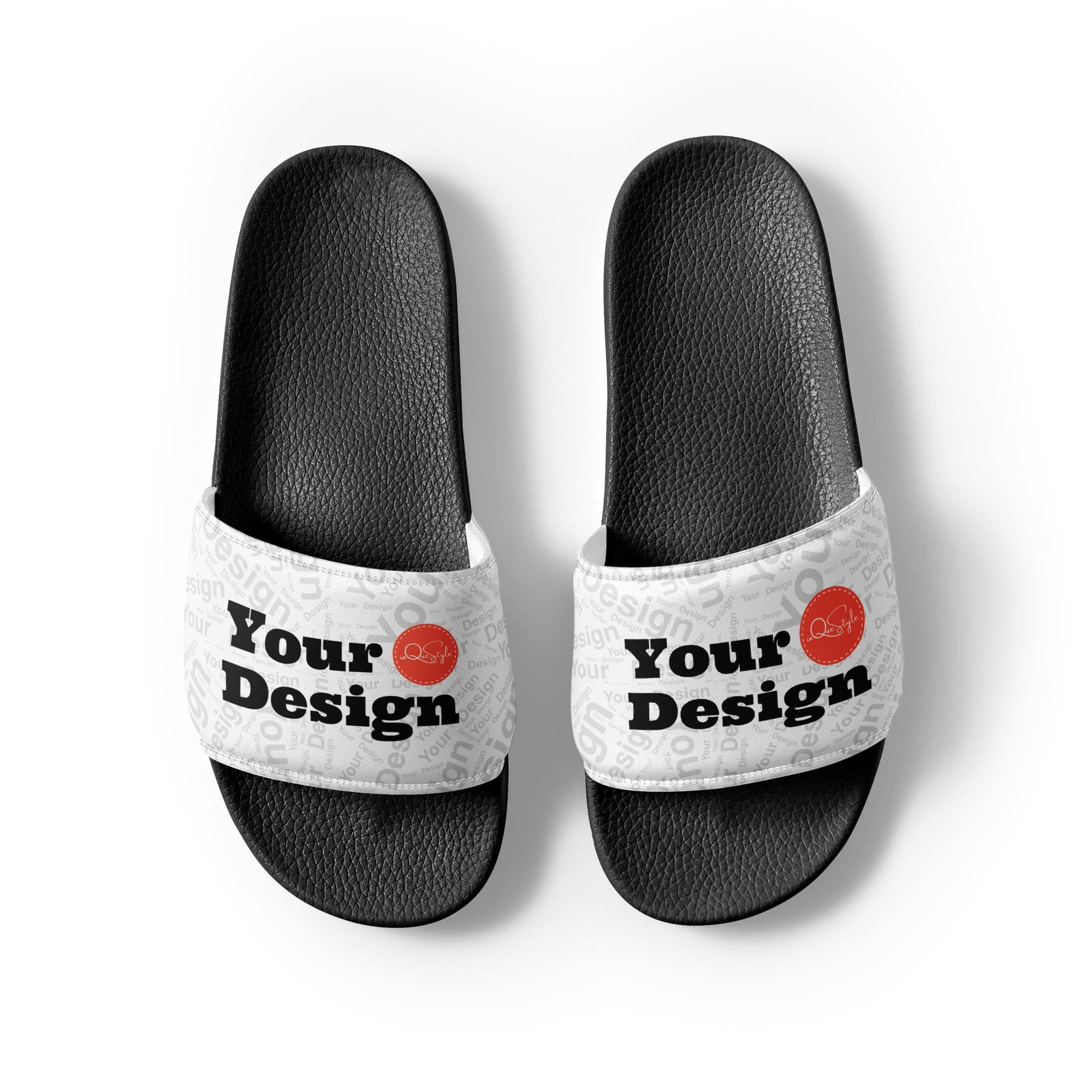 A pair of stylish Custom Womens Slides featuring a cushioned faux leather upper strap and textured footbed, perfect for summer wear.