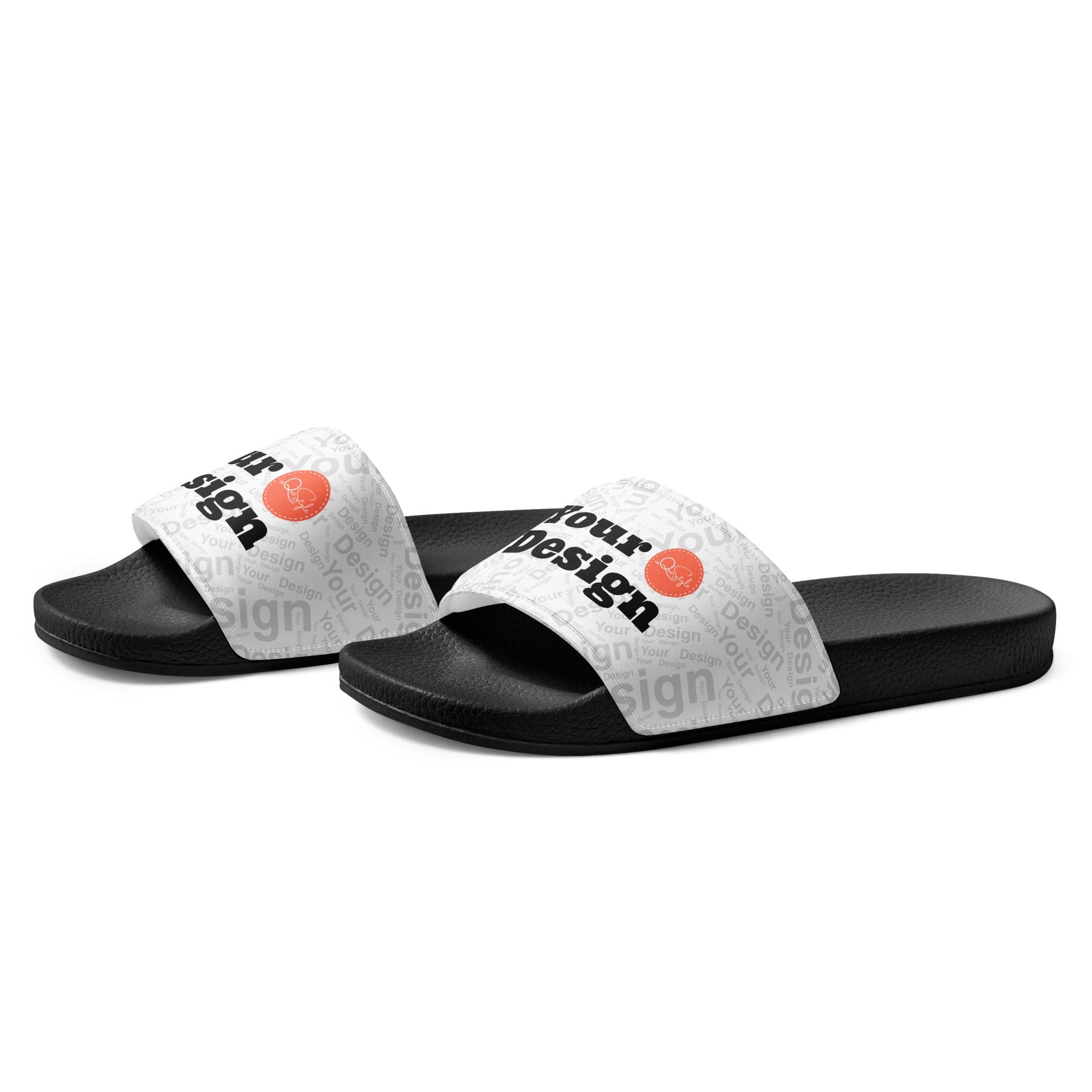 A pair of stylish Custom Womens Slides featuring a cushioned faux leather upper strap and textured footbed, perfect for summer wear.