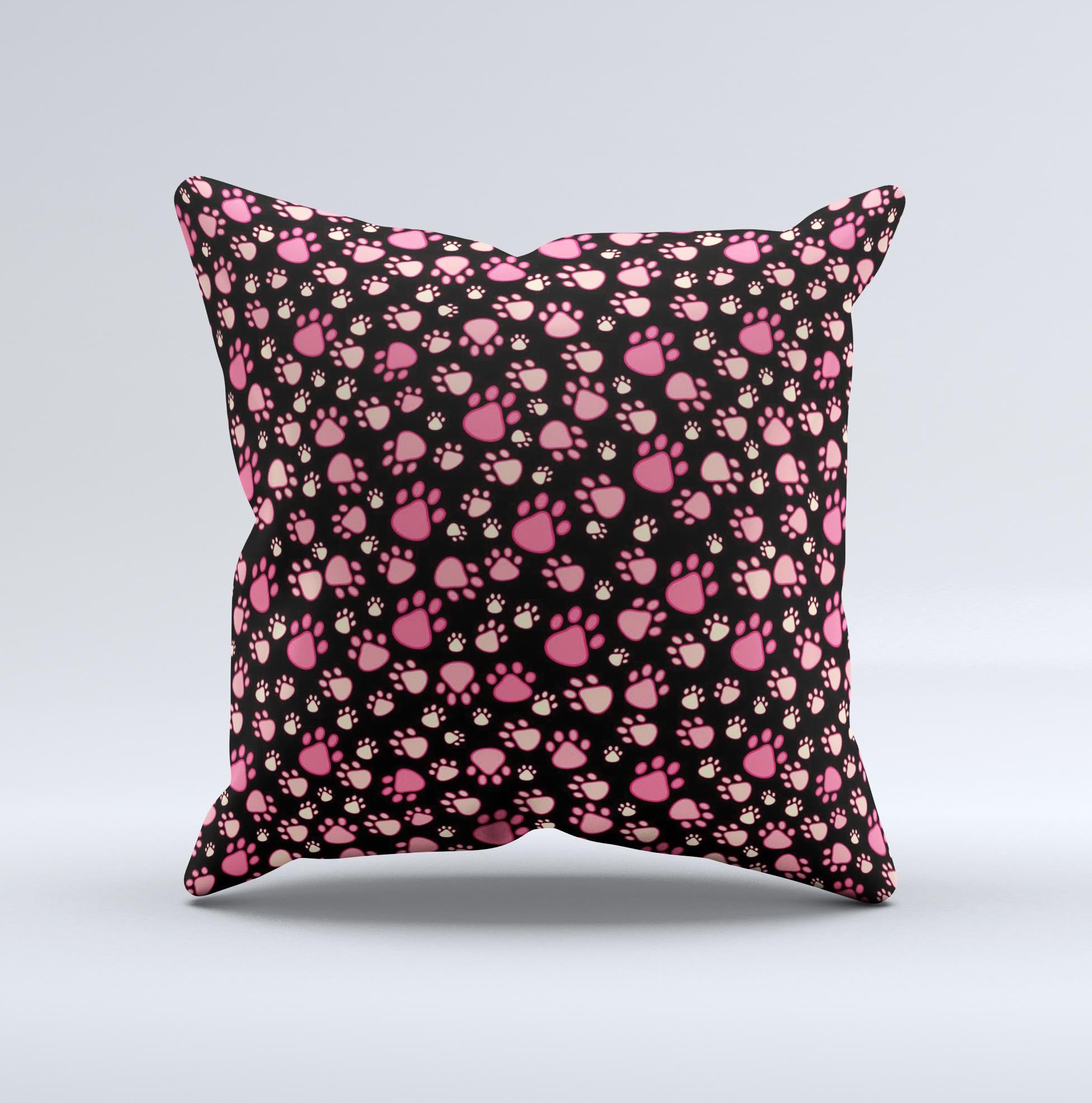 Cut Pink Paw Prints Ink-Fuzed Decorative Throw Pillow featuring a unique paw print design on a soft fabric, handcrafted in Virginia.