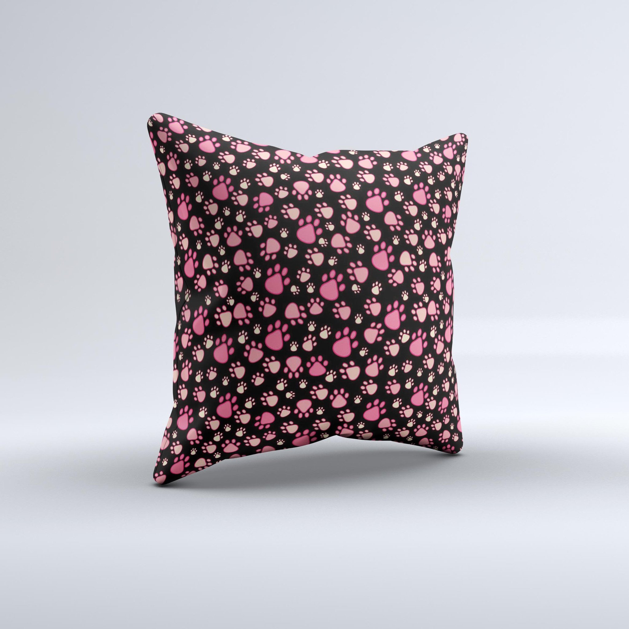 Cut Pink Paw Prints Ink-Fuzed Decorative Throw Pillow featuring a unique paw print design on a soft fabric, handcrafted in Virginia.