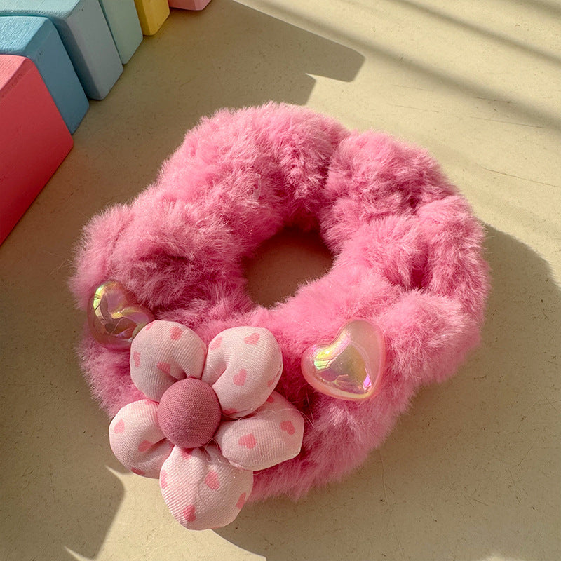 Cute Bear Bow Flower Plush Hair Tie featuring a soft plush bear bow and colorful flower accents, perfect for babies.