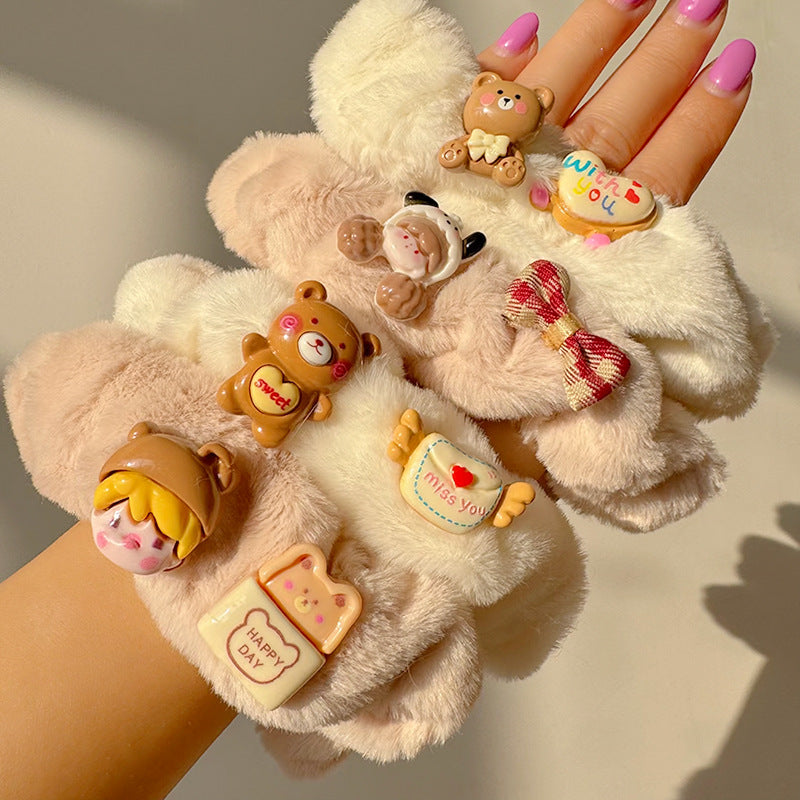 Cute Bear Plush Hair Tie featuring an adorable bear design made from soft plush material, perfect for stylish hairstyles.