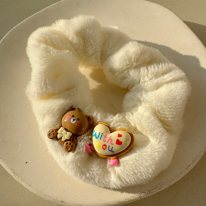 Cute Bear Plush Hair Tie featuring an adorable bear design made from soft plush material, perfect for stylish hairstyles.