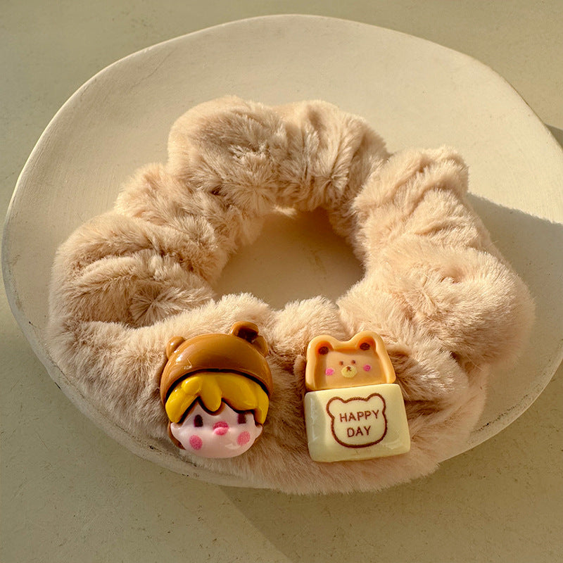 Cute Bear Plush Hair Tie featuring an adorable bear design made from soft plush material, perfect for stylish hairstyles.