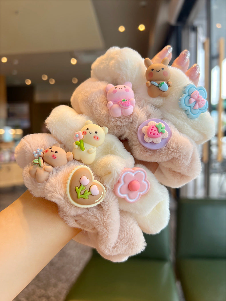 Cute Bunny Bear Plush Hair Scrunchies featuring soft plush material with adorable bunny and bear designs.