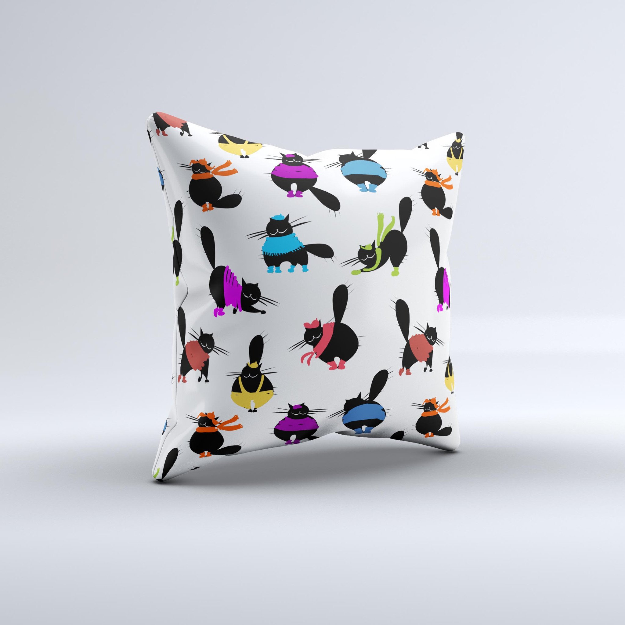 Cute Fashion Cats Ink-Fuzed Decorative Throw Pillow featuring whimsical cat designs, handcrafted in Virginia with high-quality materials.