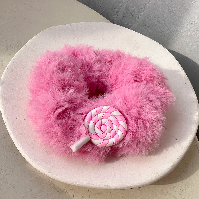 Cute Princess Pink Plush Hair Tie featuring a charming crown design in soft pink plush material, perfect for stylish hairstyles.