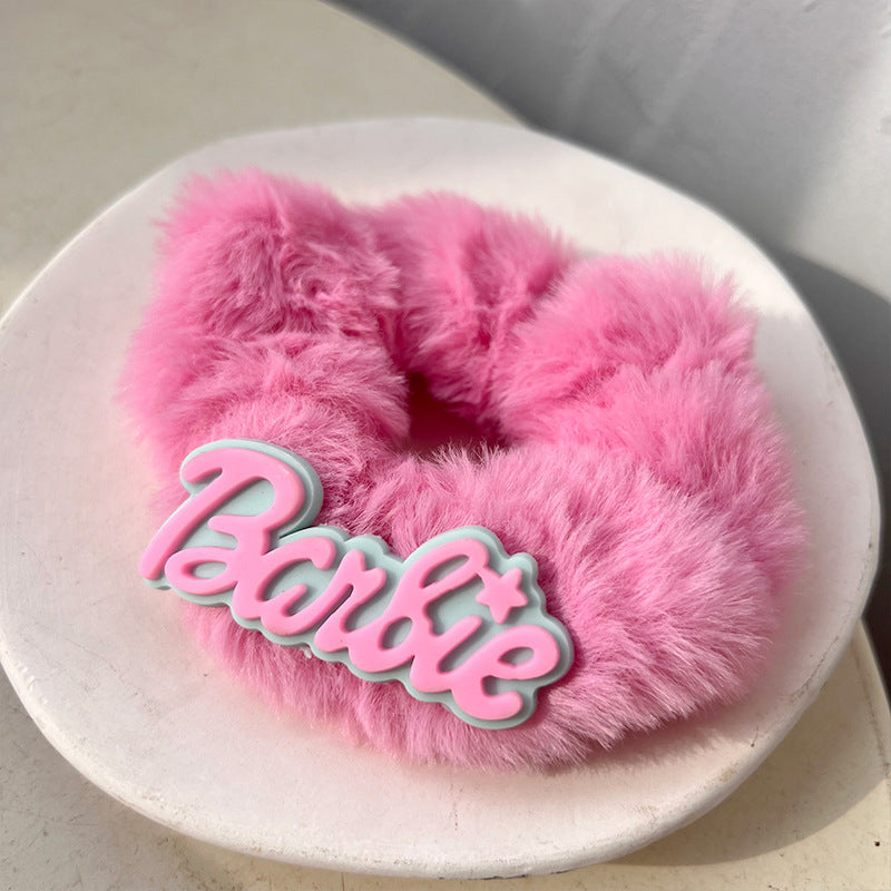 Cute Princess Pink Plush Hair Tie featuring a charming crown design in soft pink plush material, perfect for stylish hairstyles.