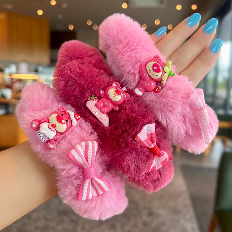 Cute rose red bear plush hair tie, soft and fluffy, perfect for adding charm to hairstyles.