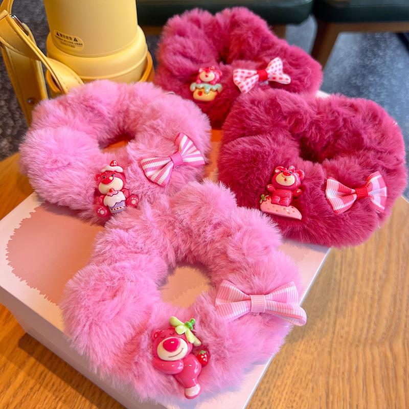 Cute rose red bear plush hair tie, soft and fluffy, perfect for adding charm to hairstyles.