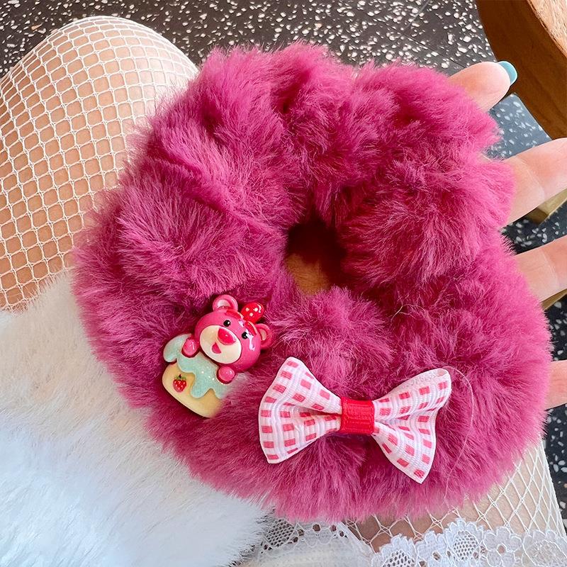 Cute rose red bear plush hair tie, soft and fluffy, perfect for adding charm to hairstyles.