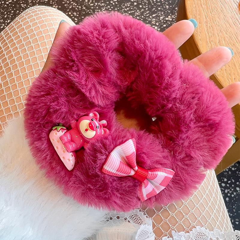 Cute rose red bear plush hair tie, soft and fluffy, perfect for adding charm to hairstyles.