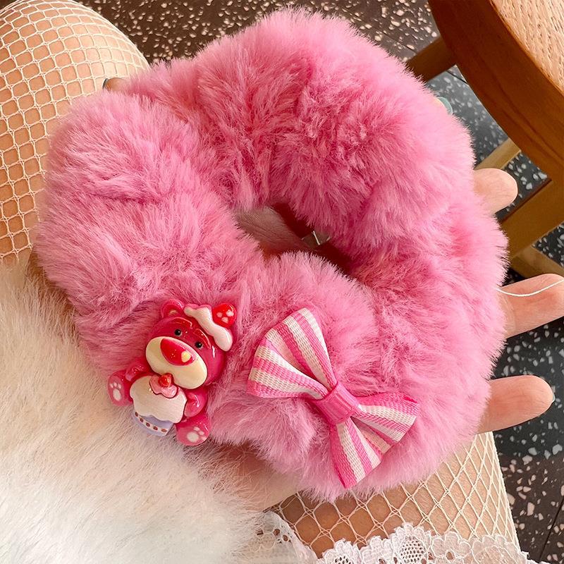 Cute rose red bear plush hair tie, soft and fluffy, perfect for adding charm to hairstyles.