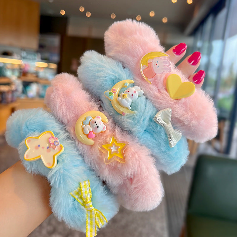 A set of four cute and soft scrunchies featuring moon-shaped rabbits and bears, perfect for adding charm to hairstyles.