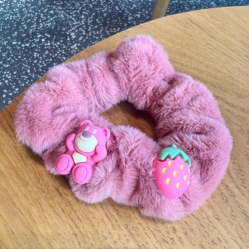 A set of five cute strawberry rose red bear scrunchies, featuring adorable bear designs, perfect for stylish girls.