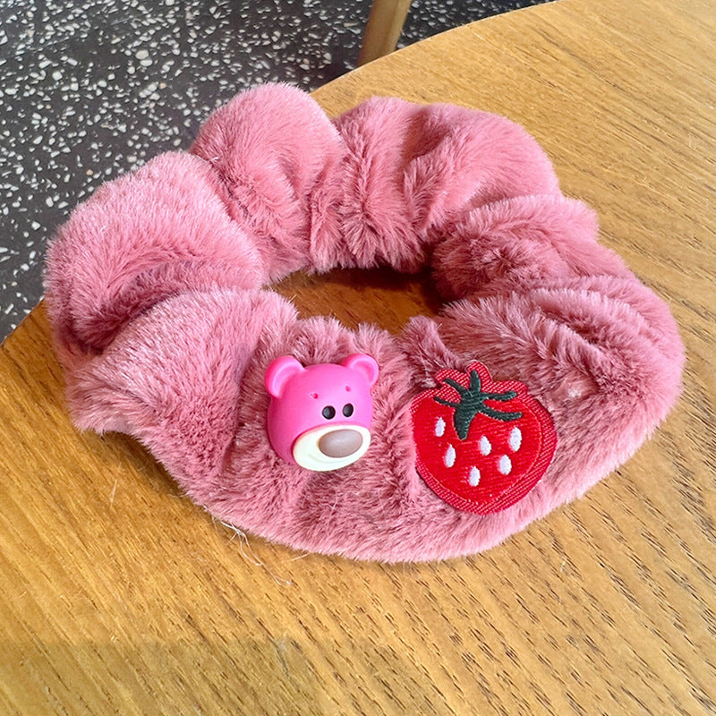 A set of five cute strawberry rose red bear scrunchies, featuring adorable bear designs, perfect for stylish girls.