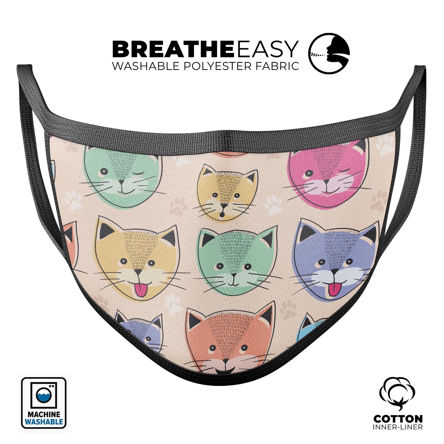 Cute vector cats and kittens design on a reusable mouth cover, showcasing vibrant colors and a comfortable fit.