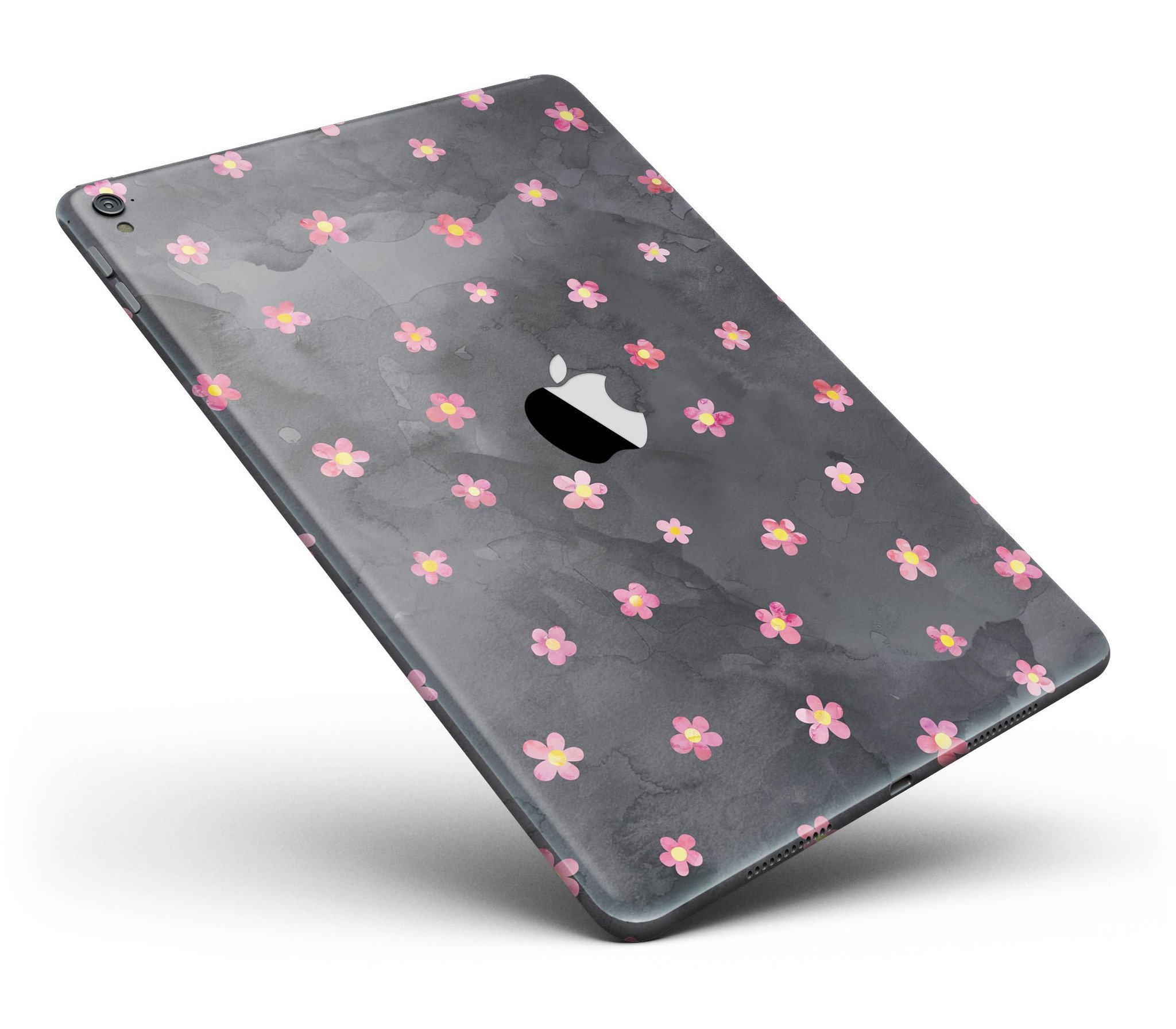 Cute watercolor flowers design on a black full body skin for iPad Pro, showcasing vibrant colors and a protective vinyl layer.